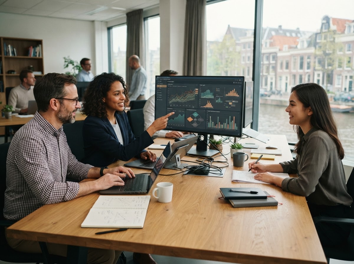 Collega's die grafieken op een computerscherm bespreken in een kantoor