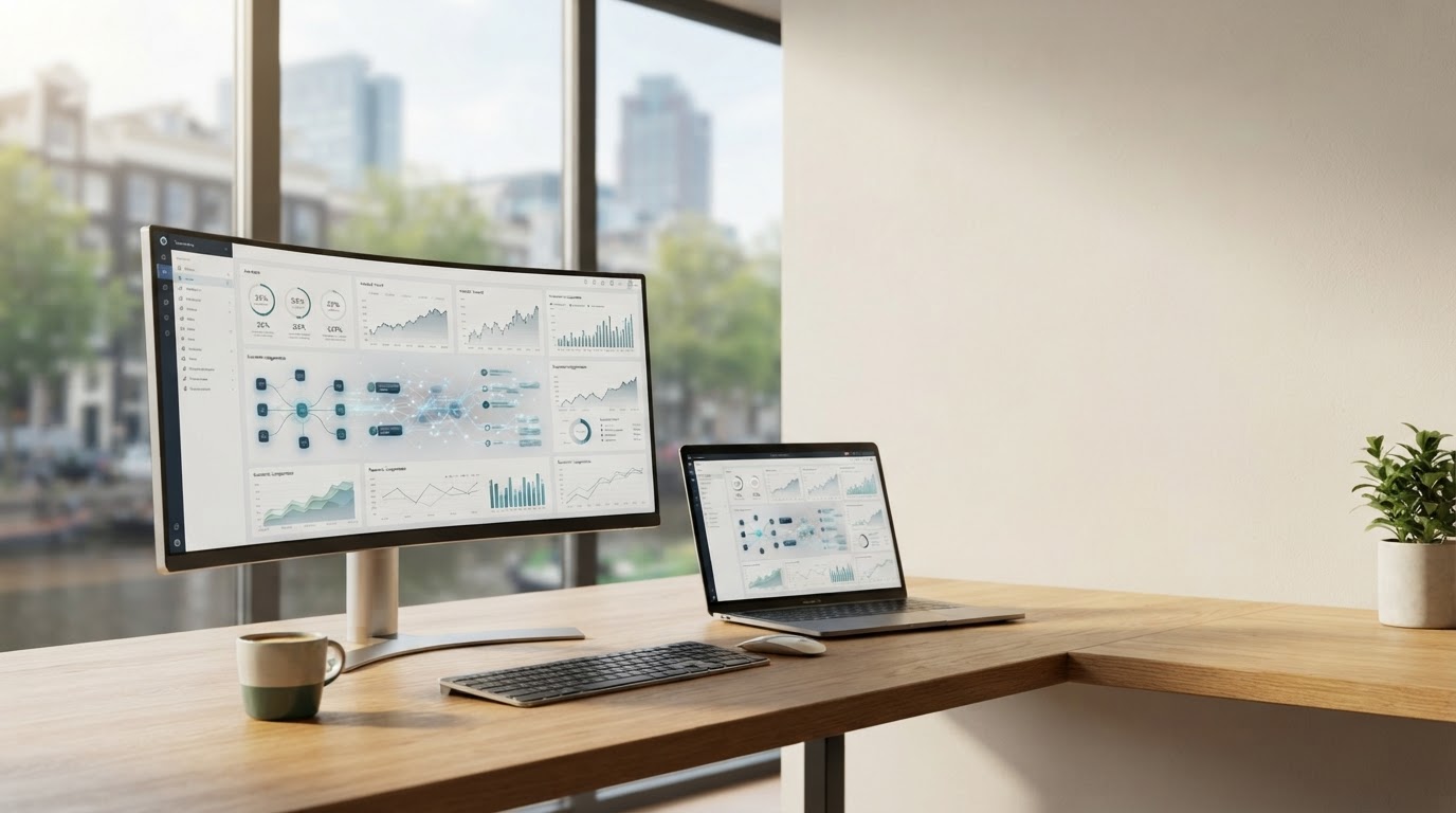 Een monitor en laptop op een bureau tonen dashboards met grafieken en data.